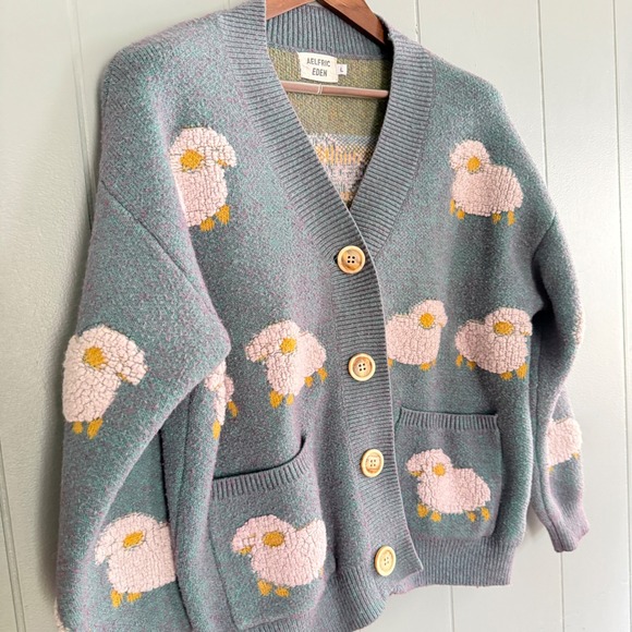 Aelfric Eden Sweaters - Aelfric Eden Vintage Lamb Knit Cardigan Sweater Flocked Sheep Cottagecore L